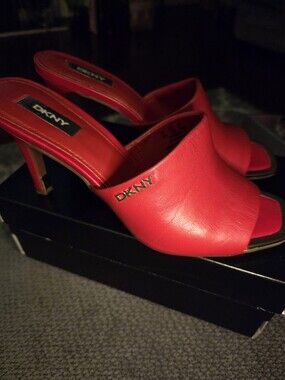 DKNY Red Leather Open-Toe Heel Mules with Logo Accent